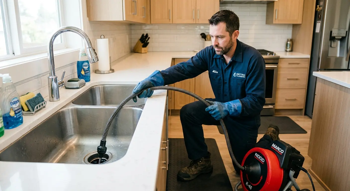 Drain cleaning technician using a motorized snake on a kitchen sink in Alamosa