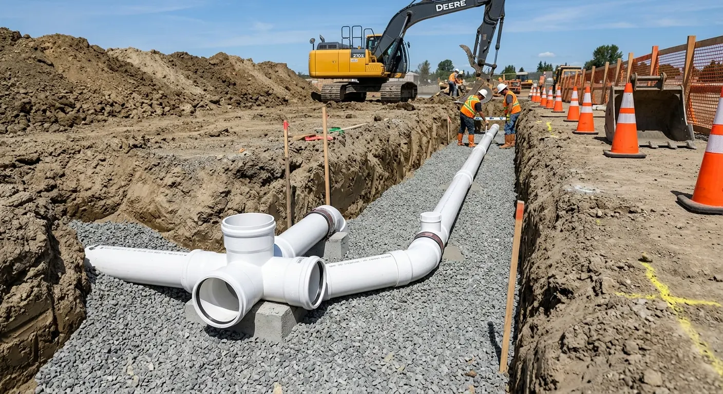 New PVC sewer pipe installation in open trench for Grease Trap Cleaning in Alamosa